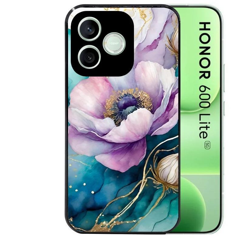 Coque noire pour Honor 600 LITE avec motif marbre fleur turquoise protection antichoc personnalisée