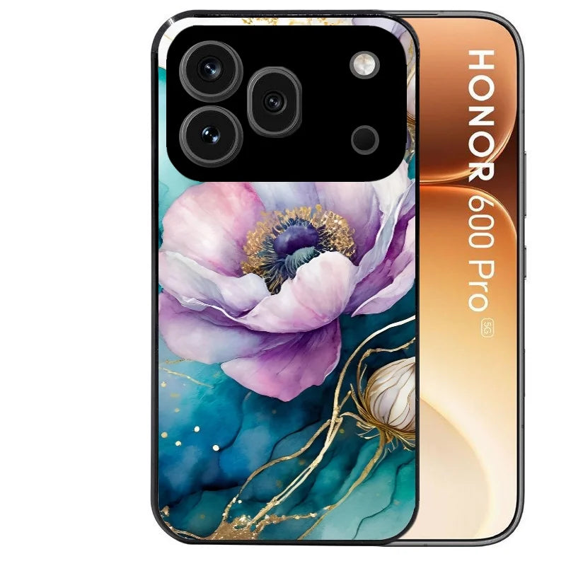 Coque noire taperso pour Honor 600 et 600 PRO avec motif marbre fleur turquoise protection antichoc personnalisée