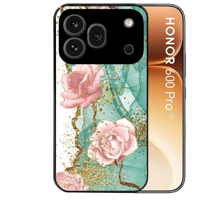 Coque noire taperso pour Honor 600 et 600 PRO avec motif marbre fleur protection antichoc personnalisée