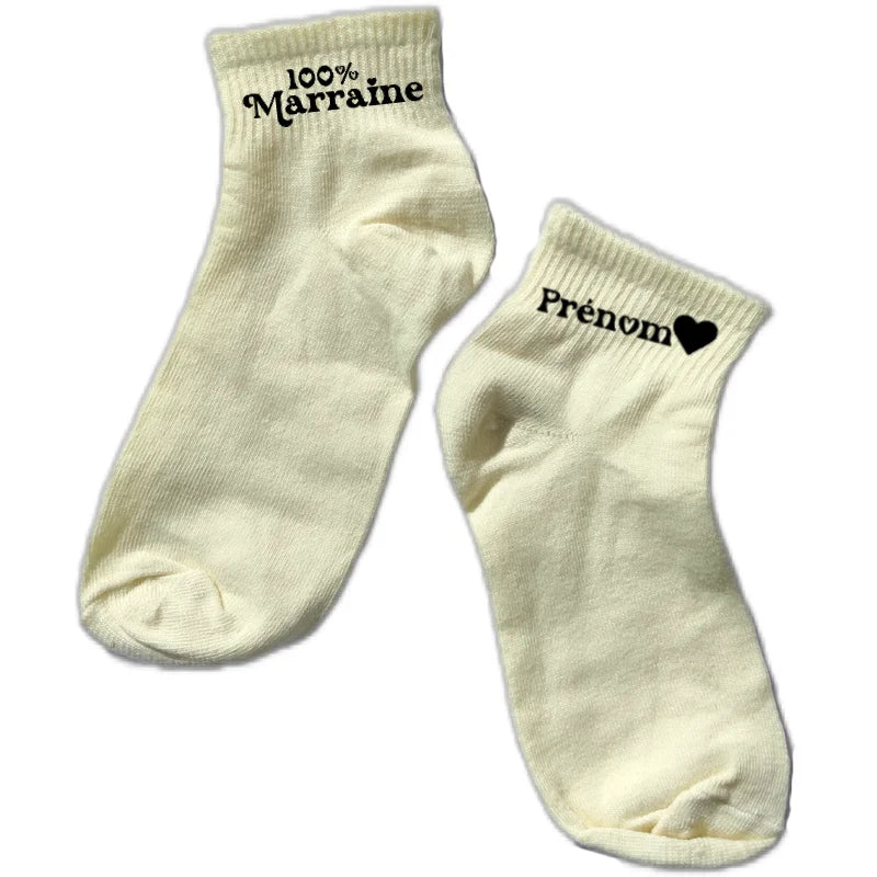 Chaussette courte personnalisée marraine 100% disponible en blanc, rose, vert, jaune, violet et bleu
