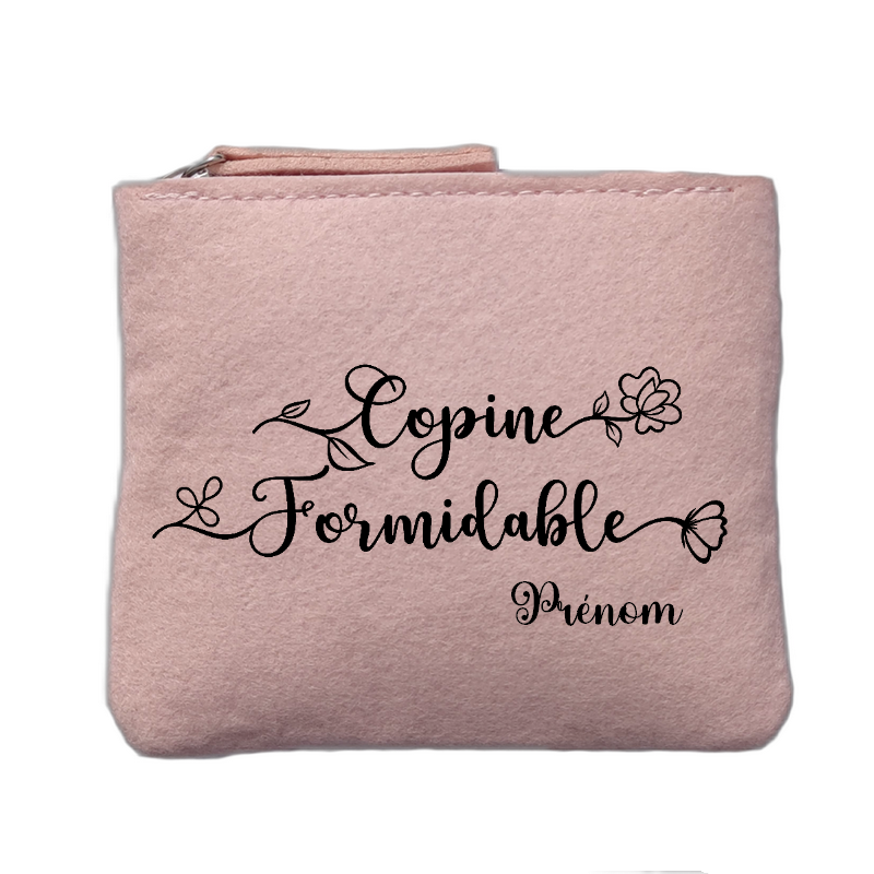 Porte monnaie personnalisé motif copine formidable rose clair en feutrine en feutrine