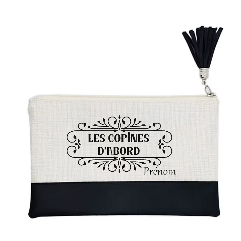 Pochette personnalisée motif copine d'abord en toile et simili cuir personnalisée