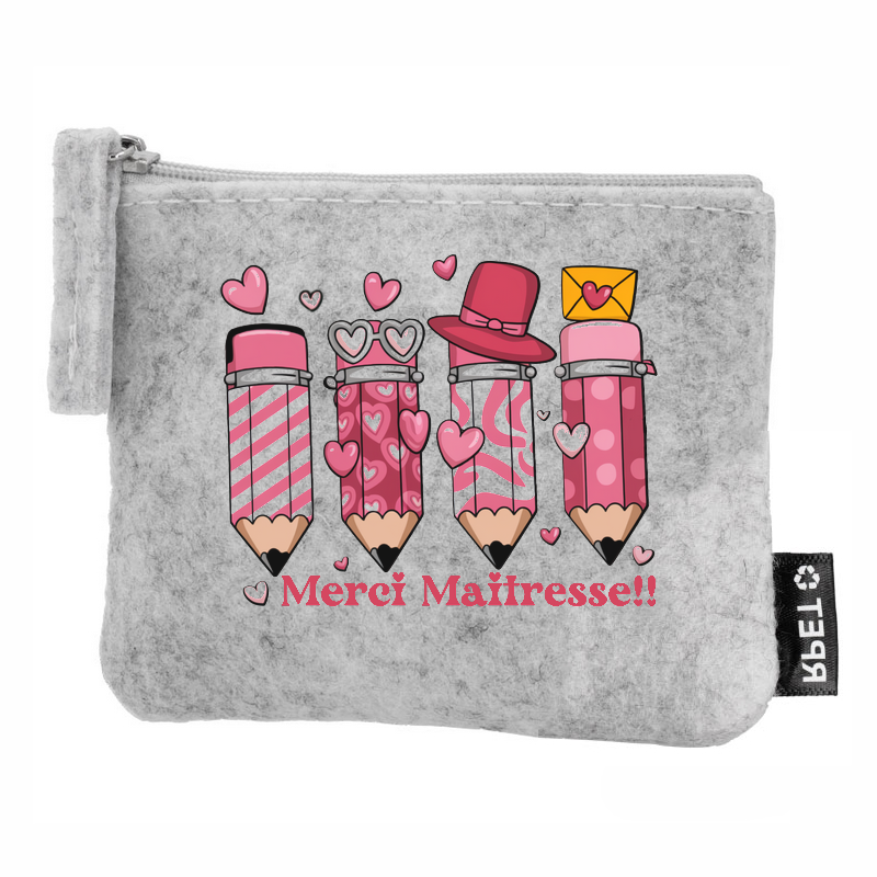 Porte monnaie personnalisé maitresse crayons en feutrine en feutrine