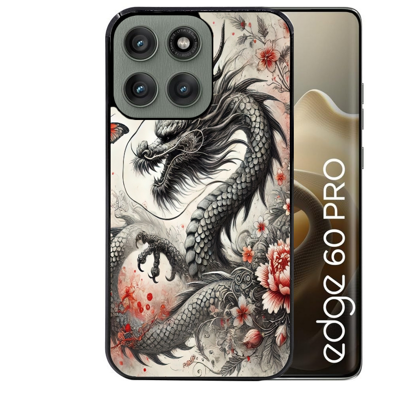 Coque noire taperso pour Moto Edge 60 et Neo Fusion Pro avec motif dragon japan protection antichoc personnalisée