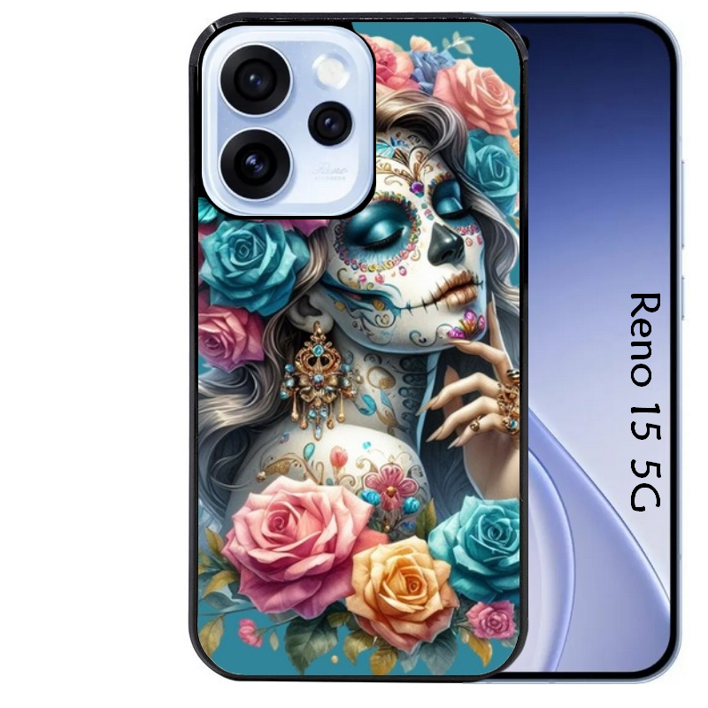 Coque noire taperso pour OPPO Reno 15 et F FS 5G avec motif tete de mort calavera bleu protection antichoc personnalisée