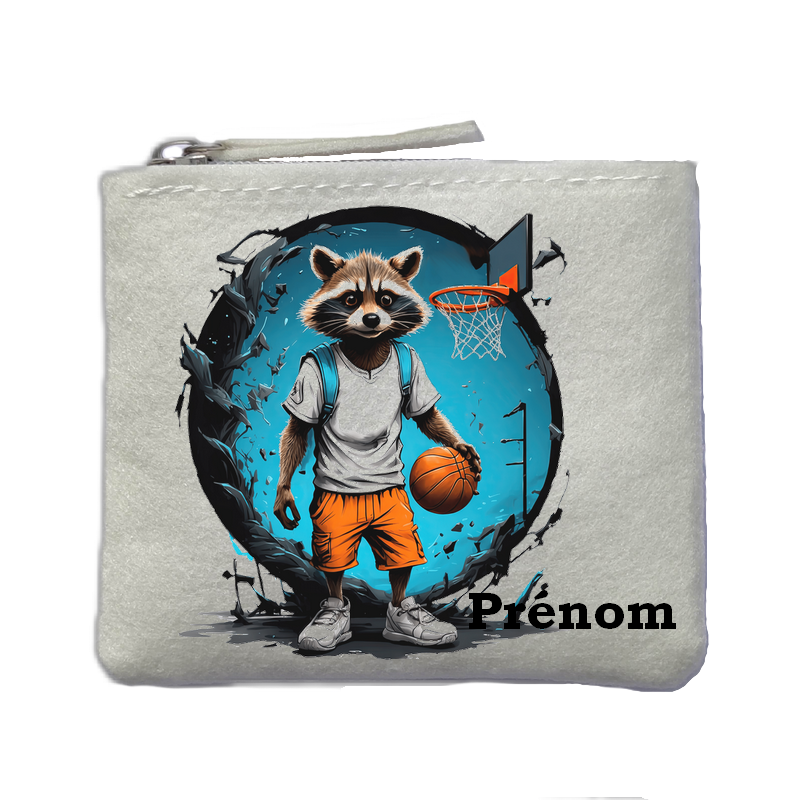 Porte monnaie personnalisé basket racoon ivoire en feutrine en feutrine ivoire