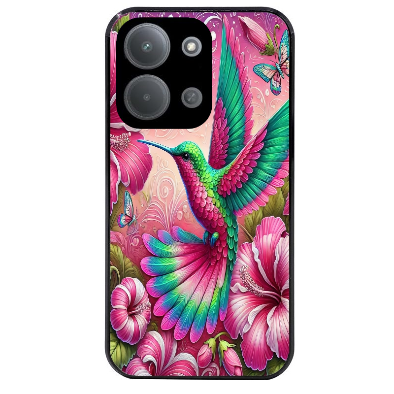 Coque noire taperso pour POCO C85 avec motif colibri et fleurs protection antichoc personnalisée