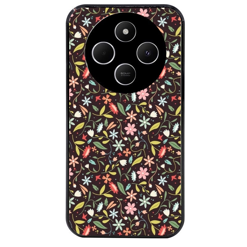 Coque noire taperso pour POCO C75 avec motif petites feurs multicolores protection antichoc personnalisée
