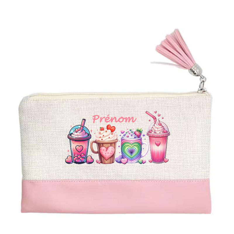 Pochette personnalisée motif bubble tea love en toile et simili cuir personnalisée