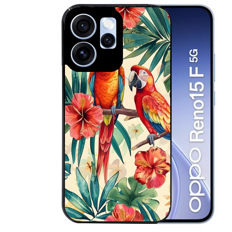 Coque noire taperso pour OPPO Reno 15 et F FS 5G avec motif perroquet et fleurs protection antichoc personnalisée