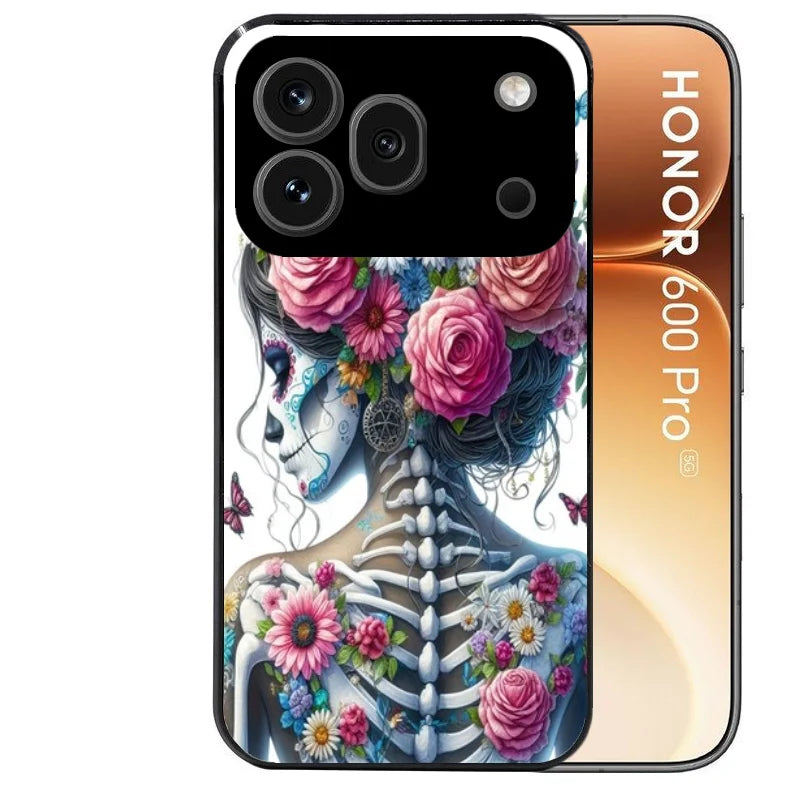 Coque noire taperso pour Honor 600 et 600 PRO avec motif tete de mort calavera papillon protection antichoc personnalisée
