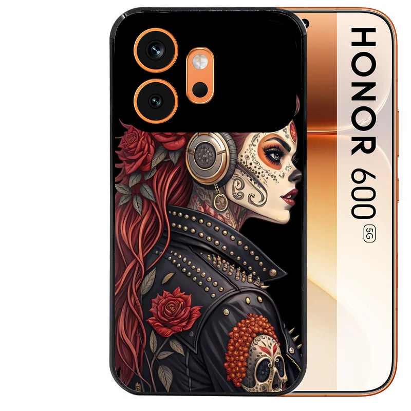 Coque noire taperso pour Honor 600 et 600 PRO avec motif tete de mort rock protection antichoc personnalisée