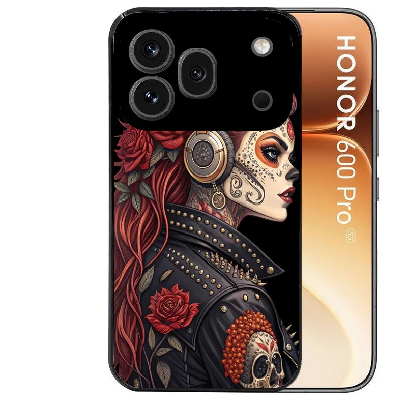 Coque noire taperso pour Honor 600 et 600 PRO avec motif tete de mort rock protection antichoc personnalisée