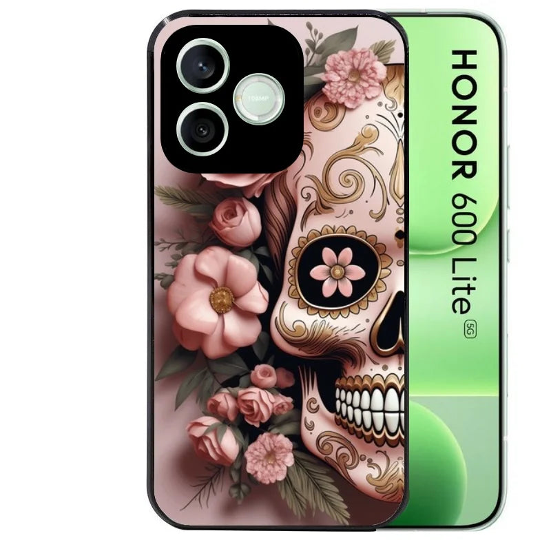 Coque noire pour Honor 600 LITE avec motif tete de mort calavera rose protection antichoc personnalisée