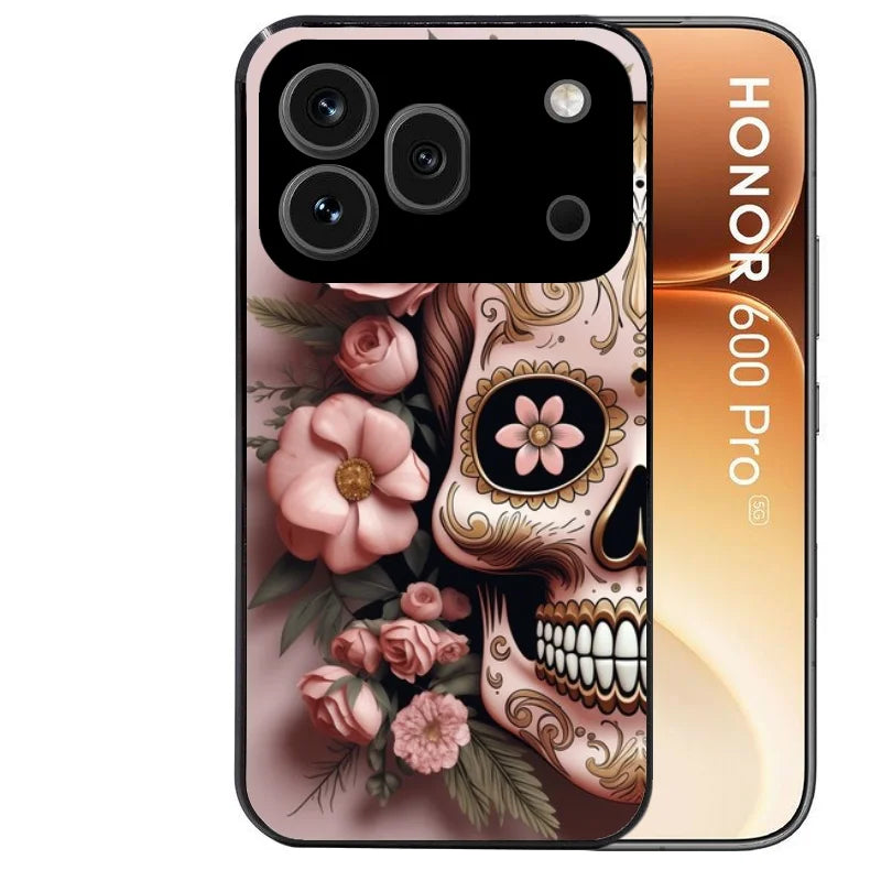 Coque noire taperso pour Honor 600 et 600 PRO avec motif tete de mort calavera rose protection antichoc personnalisée