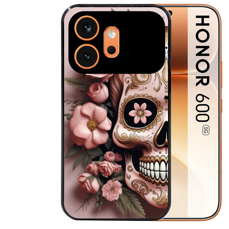 Coque noire taperso pour Honor 600 et 600 PRO avec motif tete de mort calavera rose protection antichoc personnalisée