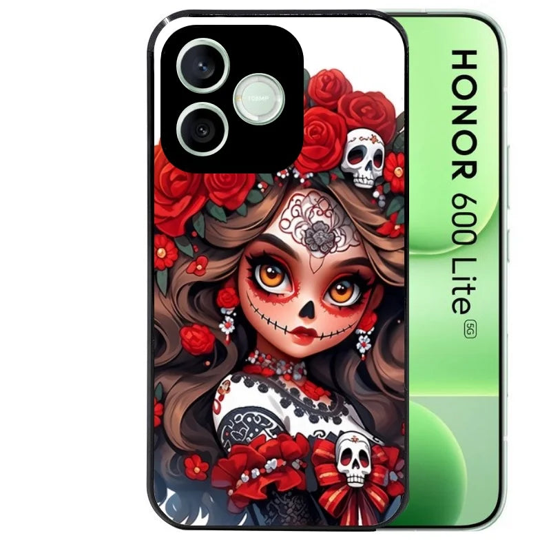 Coque noire pour Honor 600 LITE avec motif tete de mort calavera rouge protection antichoc personnalisée
