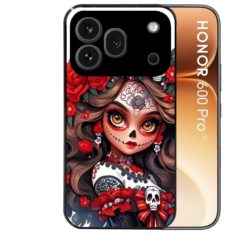 Coque noire taperso pour Honor 600 et 600 PRO avec motif tete de mort calavera rouge protection antichoc personnalisée