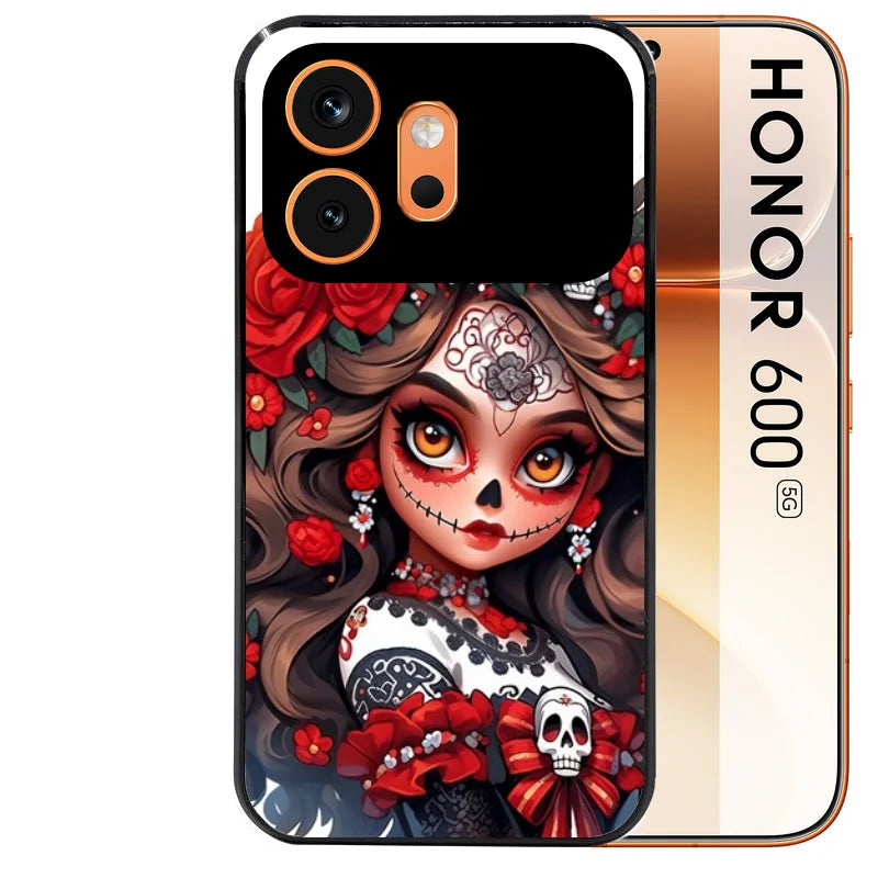 Coque noire taperso pour Honor 600 et 600 PRO avec motif tete de mort calavera rouge protection antichoc personnalisée