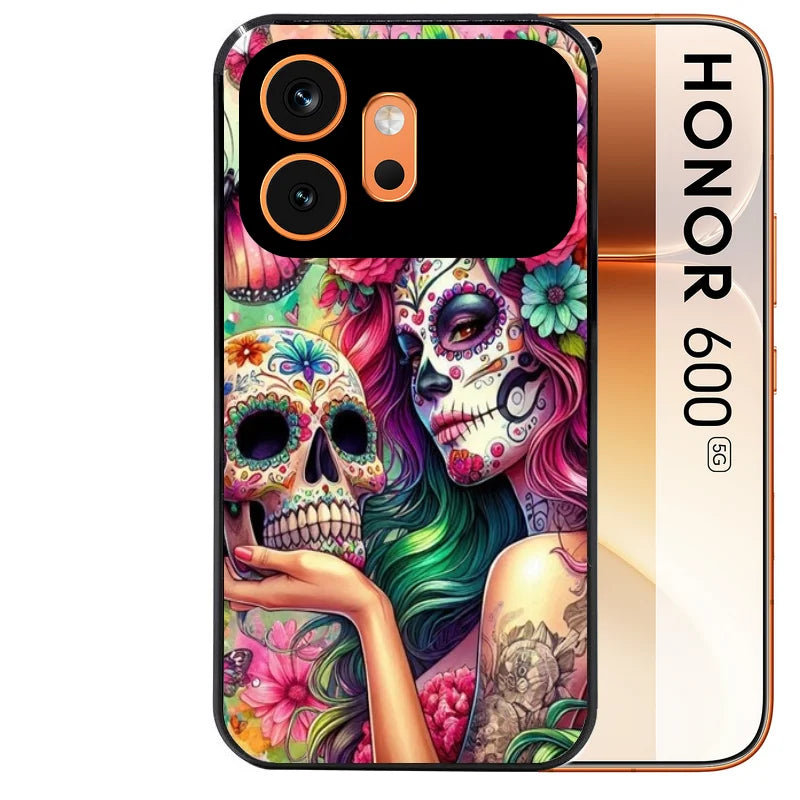 Coque noire taperso pour Honor 600 et 600 PRO avec motif tete de mort calavera skull protection antichoc personnalisée