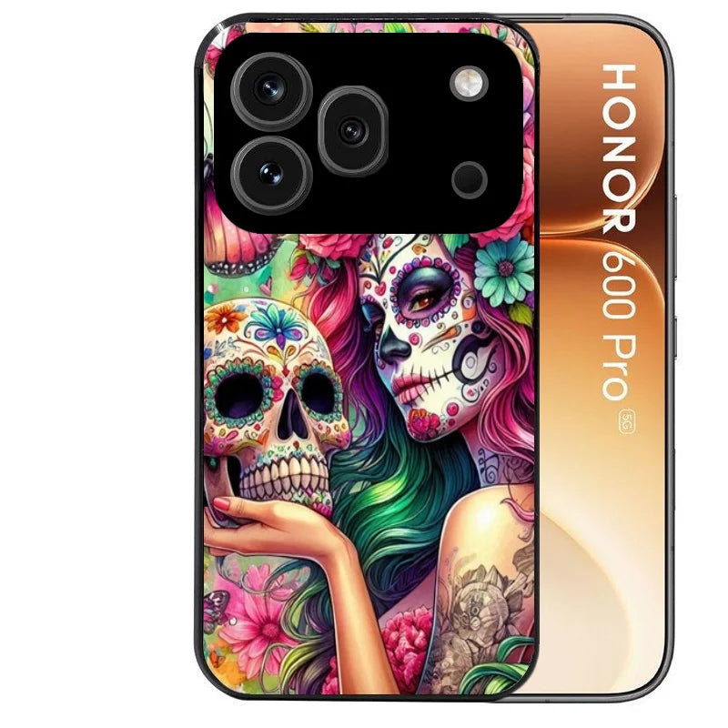 Coque noire taperso pour Honor 600 et 600 PRO avec motif tete de mort calavera skull protection antichoc personnalisée