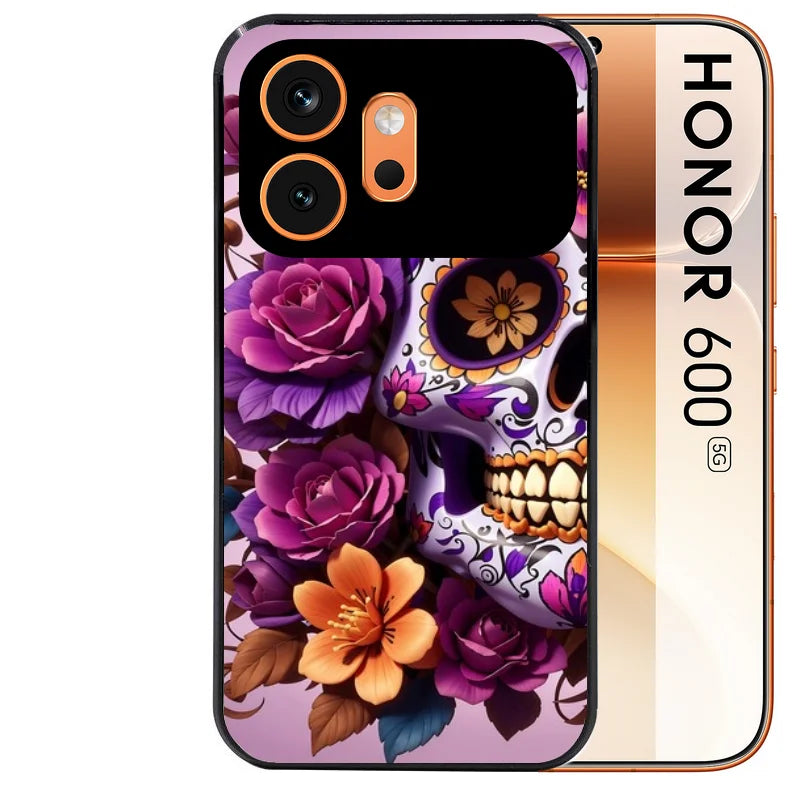 Coque noire taperso pour Honor 600 et 600 PRO avec motif tete de mort calavera violette protection antichoc personnalisée