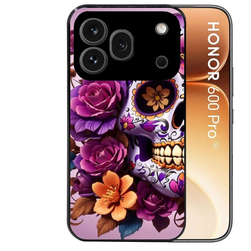 Coque noire taperso pour Honor 600 et 600 PRO avec motif tete de mort calavera violette protection antichoc personnalisée
