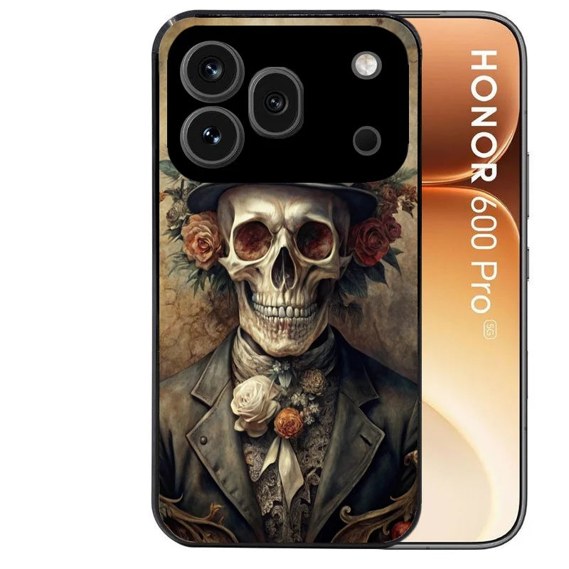 Coque noire taperso pour Honor 600 et 600 PRO avec motif tete de mort chapeau protection antichoc personnalisée