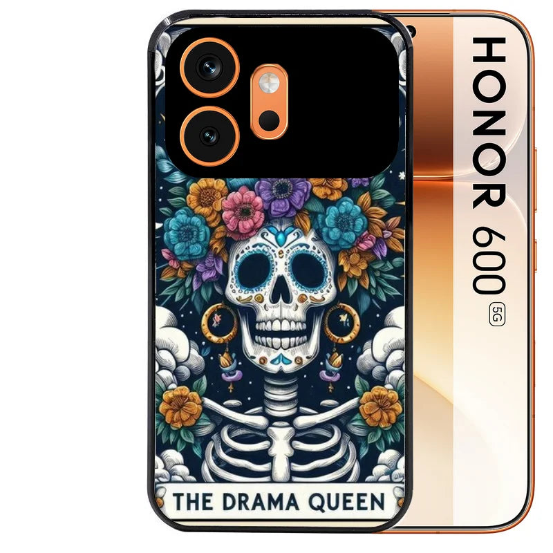 Coque noire taperso pour Honor 600 et 600 PRO avec motif tete de mort drama queen protection antichoc personnalisée
