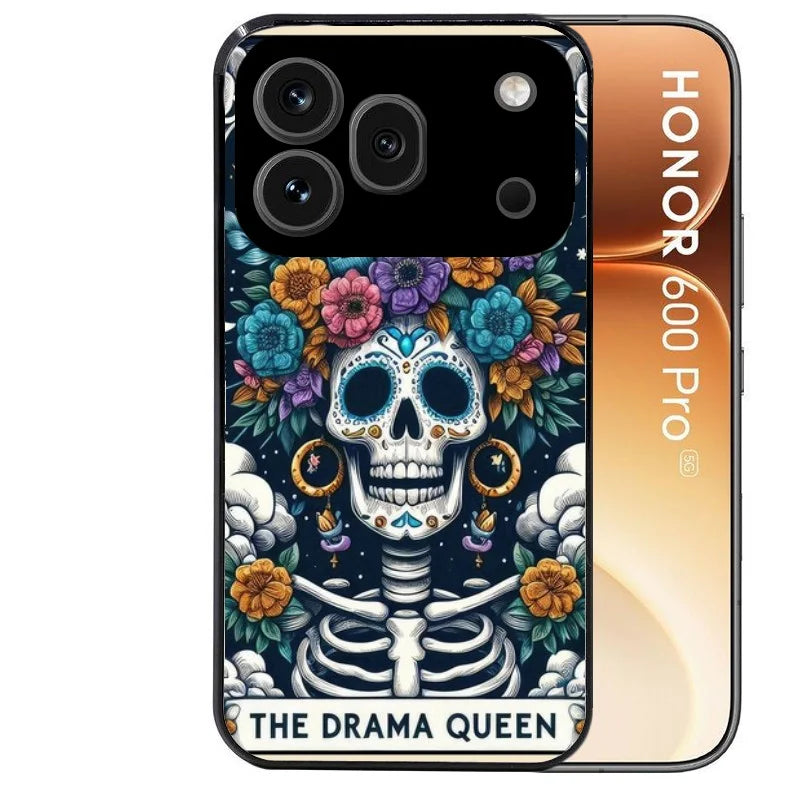 Coque noire taperso pour Honor 600 et 600 PRO avec motif tete de mort drama queen protection antichoc personnalisée
