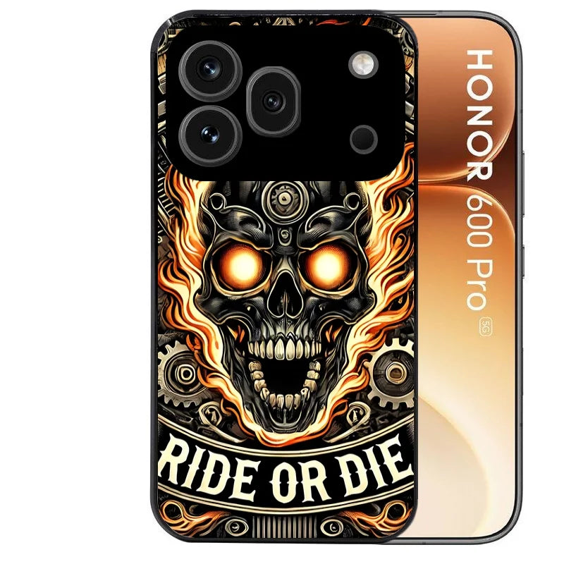 Coque noire taperso pour Honor 600 et 600 PRO avec motif tete de mort flamme protection antichoc personnalisée
