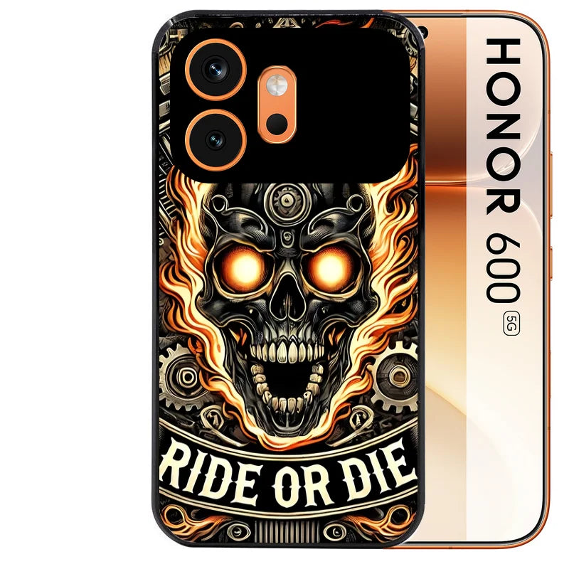 Coque noire taperso pour Honor 600 et 600 PRO avec motif tete de mort flamme protection antichoc personnalisée