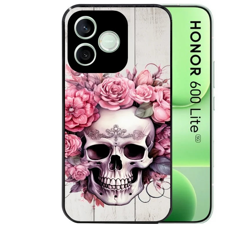 Coque noire pour Honor 600 LITE avec motif tete de mort floral protection antichoc personnalisée