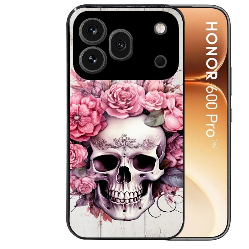 Coque noire taperso pour Honor 600 et 600 PRO avec motif tete de mort floral protection antichoc personnalisée