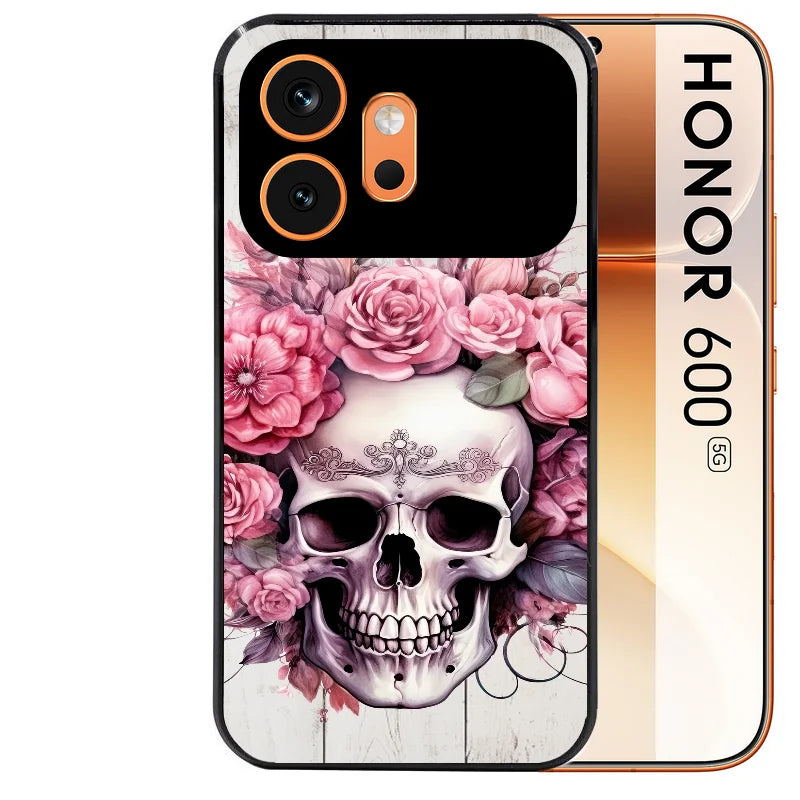 Coque noire taperso pour Honor 600 et 600 PRO avec motif tete de mort floral protection antichoc personnalisée
