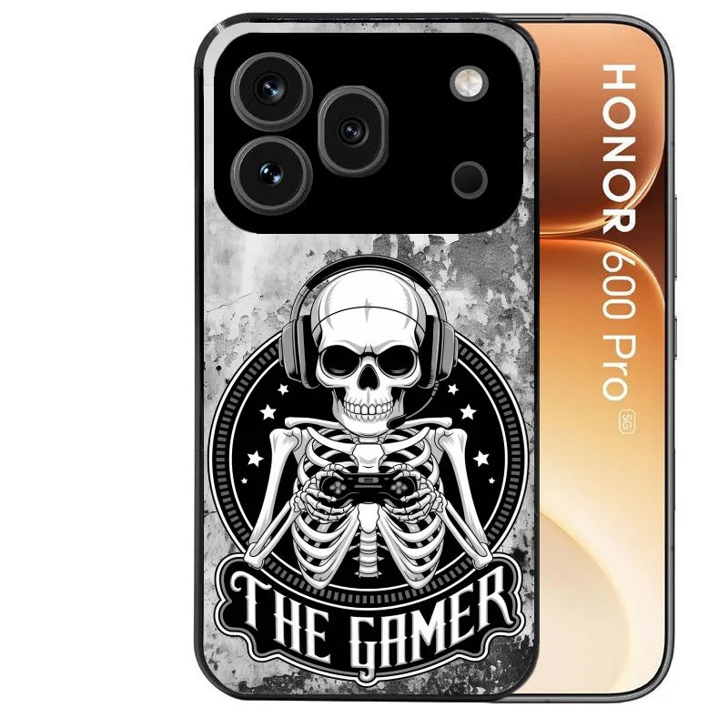 Coque noire taperso pour Honor 600 et 600 PRO avec motif tete de mort gamer beton protection antichoc personnalisée