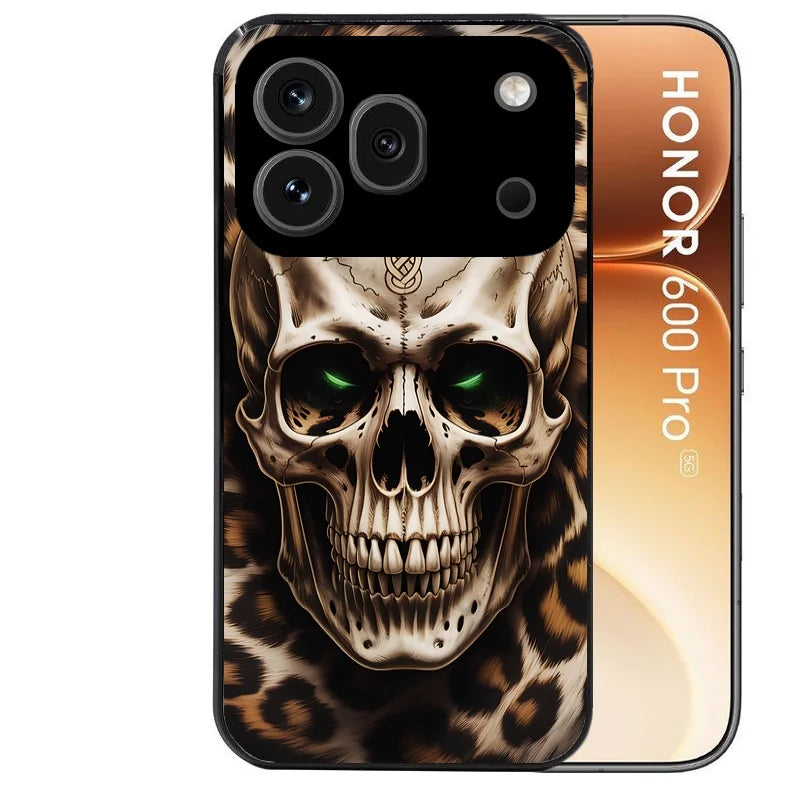 Coque noire taperso pour Honor 600 et 600 PRO avec motif tete de mort leopard protection antichoc personnalisée