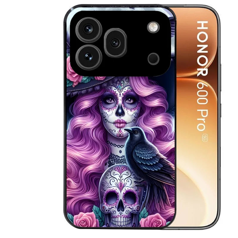 Coque noire taperso pour Honor 600 et 600 PRO avec motif tete de mort calavera et corbeau protection antichoc personnalisée