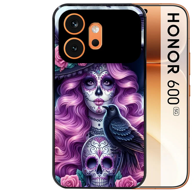 Coque noire taperso pour Honor 600 et 600 PRO avec motif tete de mort calavera et corbeau protection antichoc personnalisée