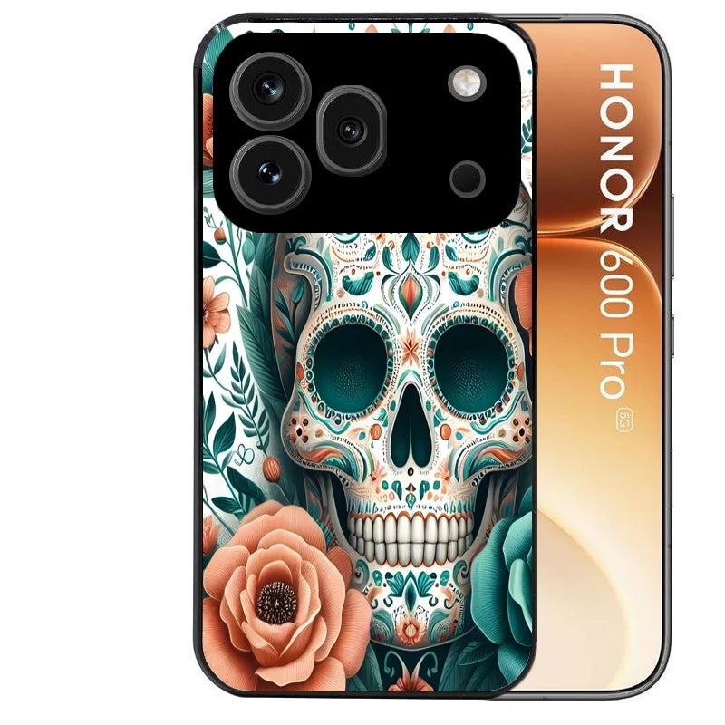 Coque noire taperso pour Honor 600 et 600 PRO avec motif mort mexicaine turquoise protection antichoc personnalisée