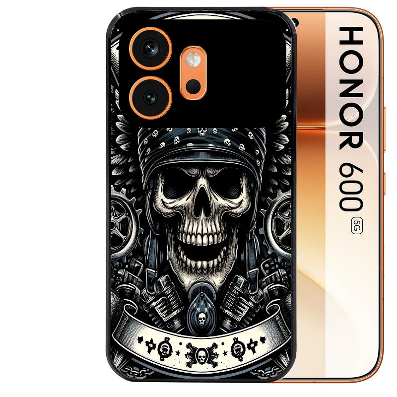 Coque noire taperso pour Honor 600 et 600 PRO avec motif mort motard protection antichoc personnalisée