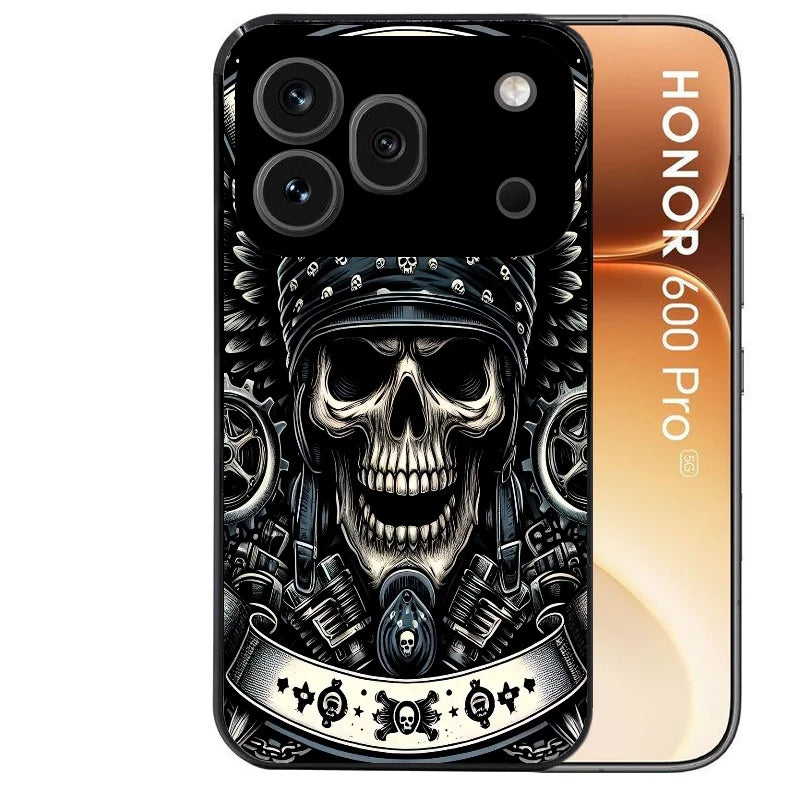 Coque noire taperso pour Honor 600 et 600 PRO avec motif mort motard protection antichoc personnalisée