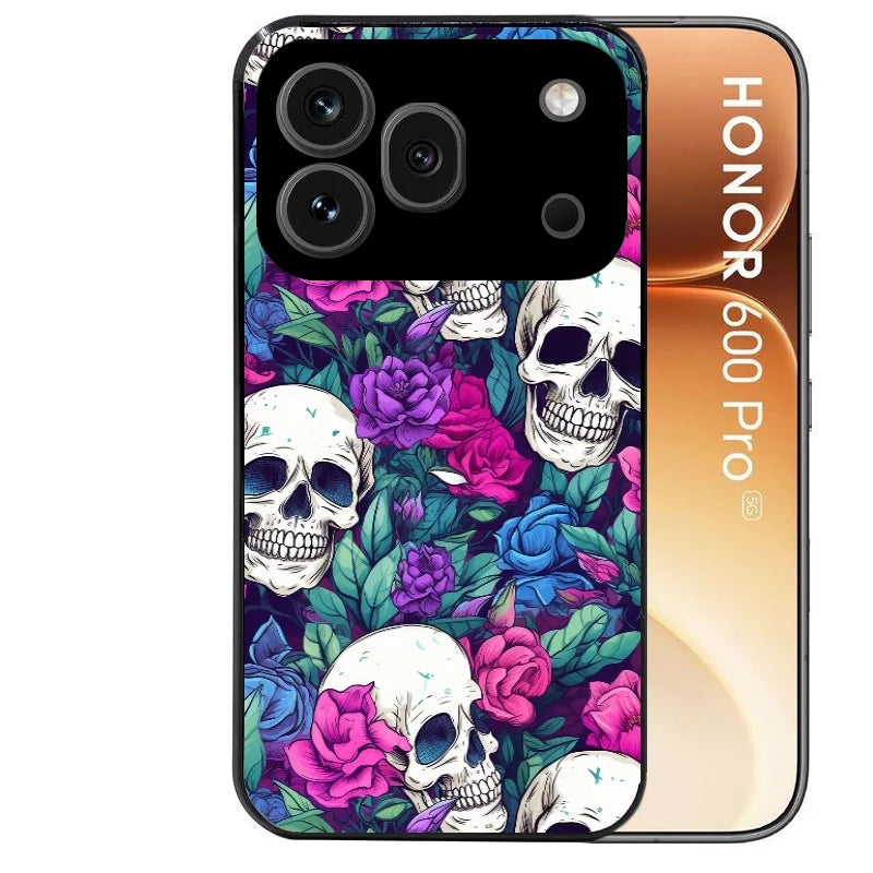Coque noire taperso pour Honor 600 et 600 PRO avec motif tete de mort violet protection antichoc personnalisée