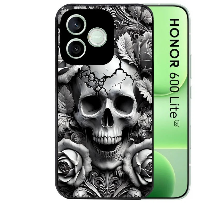Coque noire pour Honor 600 LITE avec motif tete de mort fleur protection antichoc personnalisée