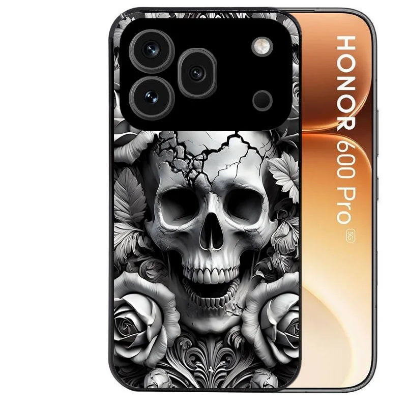Coque noire taperso pour Honor 600 et 600 PRO avec motif tete de mort fleur protection antichoc personnalisée
