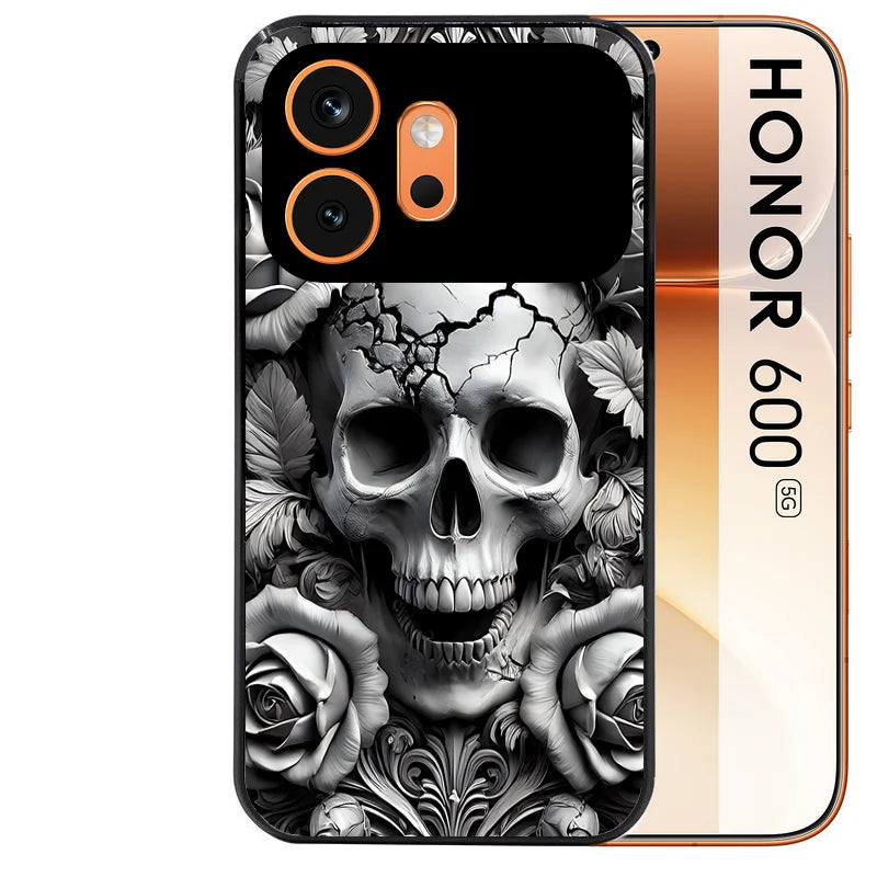 Coque noire taperso pour Honor 600 et 600 PRO avec motif tete de mort fleur protection antichoc personnalisée