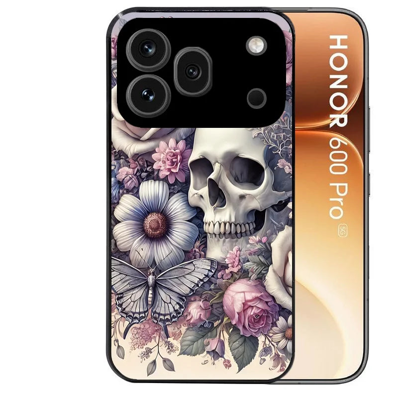 Coque noire taperso pour Honor 600 et 600 PRO avec motif tete de mort pastel protection antichoc personnalisée