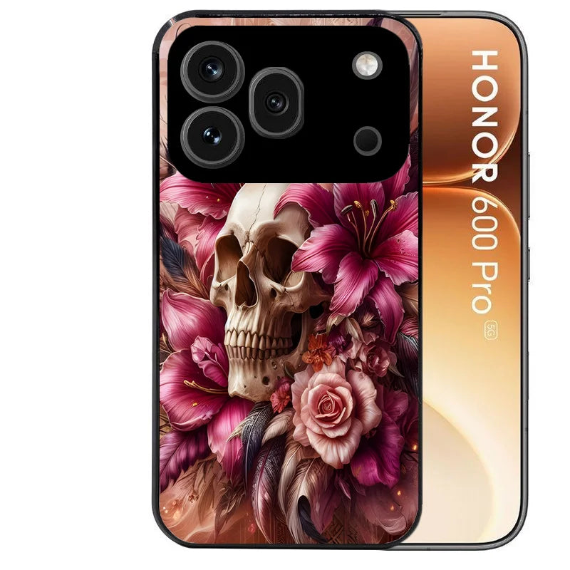 Coque noire taperso pour Honor 600 et 600 PRO avec motif tete de mort skull plume protection antichoc personnalisée