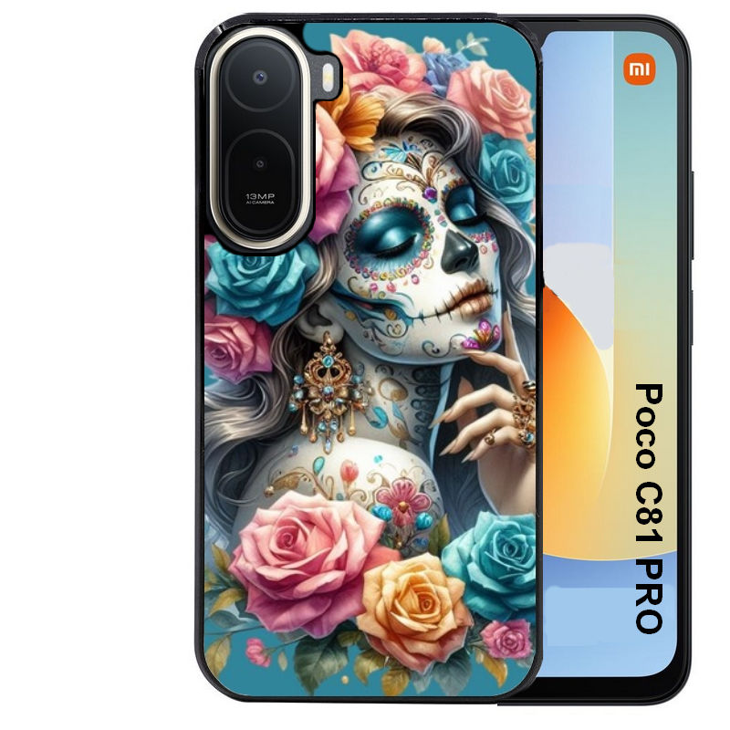 Coque pour POCO C81 PRO tete de mort calavera bleu
