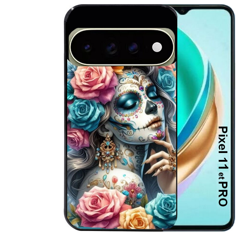 Coque pour Pixel 10 / 11 / PRO / XL tete de mort calavera bleu